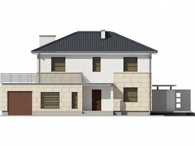 Готовый проект узкого двухэтажного коттеджа из блоков с мансардой, вторым светом, гаражом, цоколем и камином 307 м2 - Оптимум-300