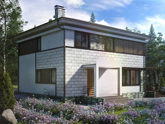 Готовый проект двухэтажного дома из теплобетона со вторым светом, крыльцом, мансардой, погребом и плоской крышей 197 м2 - Оптимум-200