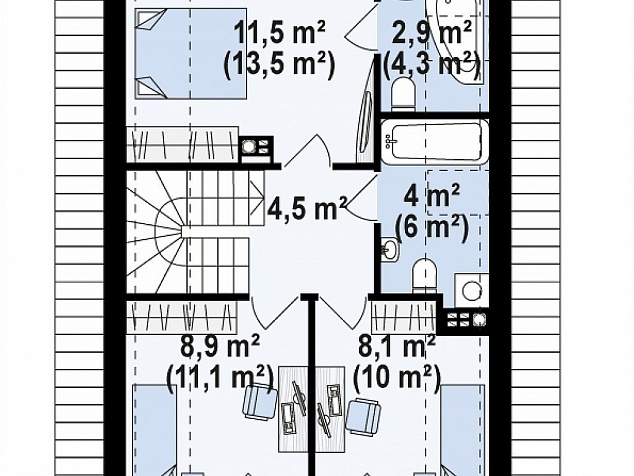  Готовый проект узкого двухэтажного коттеджа из блоков с мансардой, вторым светом, гаражом, цоколем и балконом 174 м2 - Луи