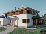Готовый проект двухэтажного дома из теплобетона со вторым светом, крыльцом, мансардой, погребом, плоской крышей и верандой 349 м2 - Оптимум-350