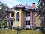 Готовый проект г-образного двухэтажного дома из теплобетона с мансардой, большими окнами, вторым светом, плоской крышей и верандой 233 м2 - Оптимум-232