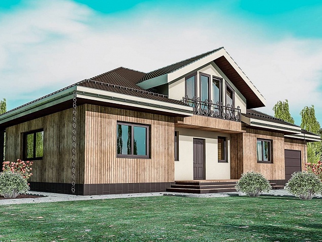 Готовый проект двухэтажного дома из теплобетона с гаражом, верандой, мансардой и крыльцом 320 м2 - Оптимум-320