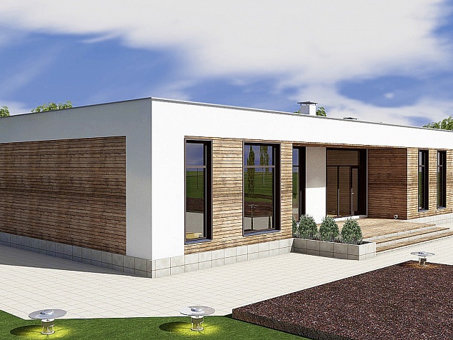 Готовый проект одноэтажного каменного дома с крыльцом, гаражом, верандой, плоской крышей и большими окнами 318 м2 - Паладин