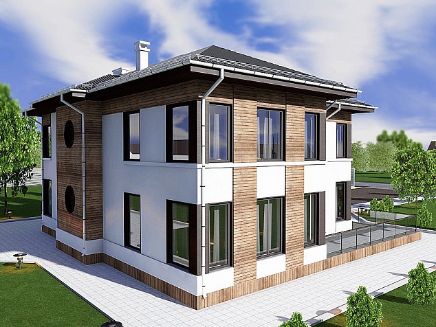 Готовый проект двухэтажного каменного дома с крыльцом, гаражом, верандой, балконом и большими окнами 370 м2 - Оптимум-370