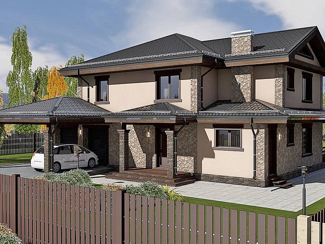 Готовый проект двухэтажного загородного каменного дома с гаражом и камином 380 м2 - Оптимум-380