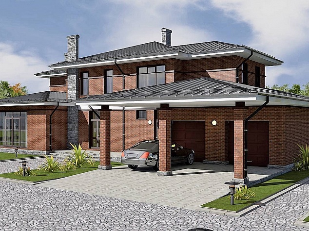 Готовый проект двухэтажного каменного дома с гаражом, верандой, терассой и балконом 530 м2 - Оптимум-530