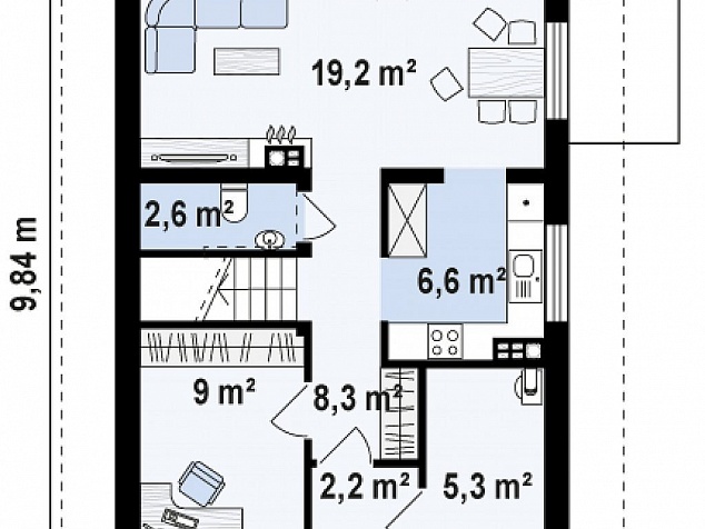  Готовый проект узкого двухэтажного коттеджа из блоков с мансардой, вторым светом, гаражом, цоколем и балконом 174 м2 - Луи