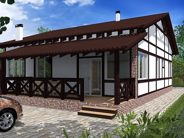 Готовый проект одноэтажного загородного каркасного дома с верандой и крыльцом 139 м2 - Герман