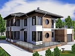Готовый проект двухэтажного каменного дома с крыльцом, гаражом, верандой, балконом и большими окнами 370 м2 - Оптимум-370