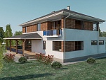 Готовый проект двухэтажного дома из теплобетона со вторым светом, крыльцом, мансардой, погребом, плоской крышей и верандой 349 м2 - Оптимум-350