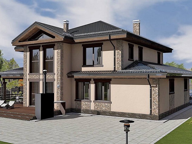 Готовый проект двухэтажного загородного каменного дома с гаражом и камином 380 м2 - Оптимум-380