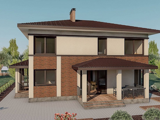 Готовый проект двухэтажного загородного дома из теплобетона с терассой и плоской крышей 316 м2 - Оптимум-316