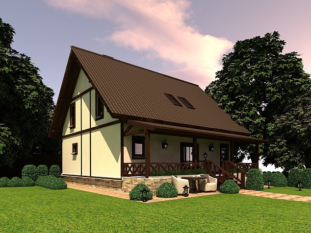 Готовый проект двухэтажного каркасного дома со вторым светом, крыльцом, мансардой и верандой 206 м2 - Тонга-206