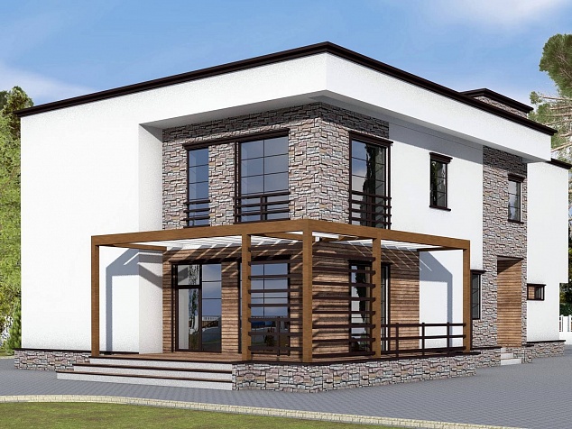 Готовый проект двухэтажного каркасного дома с крыльцом, мансардой, гаражом и терассой 533 м2 - Оптимум-540