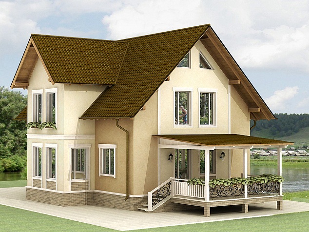 Готовый проект двухэтажного каркасного дома с крыльцом, мансардой, терассой и балконом 183 м2 - Тонга-183