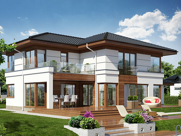 Готовый проект двухэтажного каменного дома с мансардой, балконом, большими окнами, цоколем и верандой 417 м2 - Оптимум-420