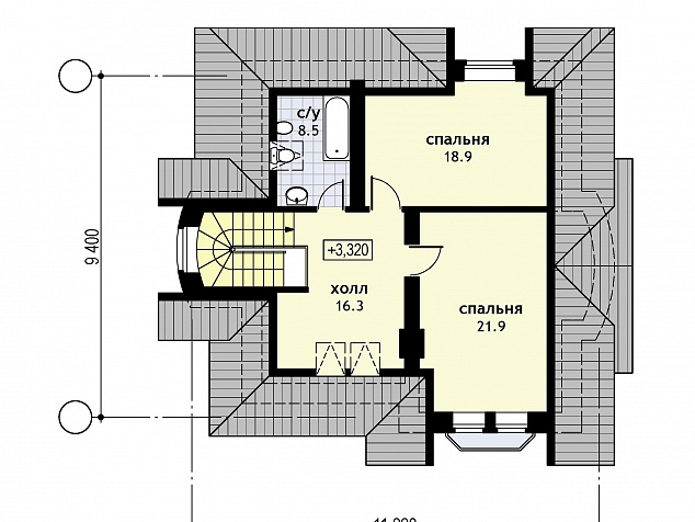  Готовый проект 2-этажного каркасного дома со вторым светом, крыльцом, мансардой, цоколем и терассой 172 м2 - Скэнди