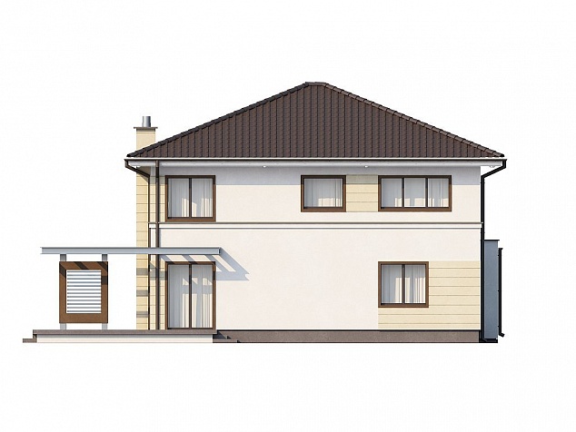  Готовый проект 2-этажного каменного дома со вторым светом, балконом, крыльцом, мансардой, камином, цоколем и терассой 370 м2 - Гармония