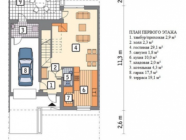 Готовый проект 2-этажного таунхауса из блоков со вторым светом, крыльцом, балконом, гаражом и терассой 355 м2 - Октав