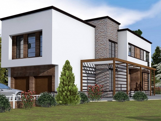Готовый проект двухэтажного каркасного дома с крыльцом, мансардой, гаражом и терассой 533 м2 - Оптимум-540